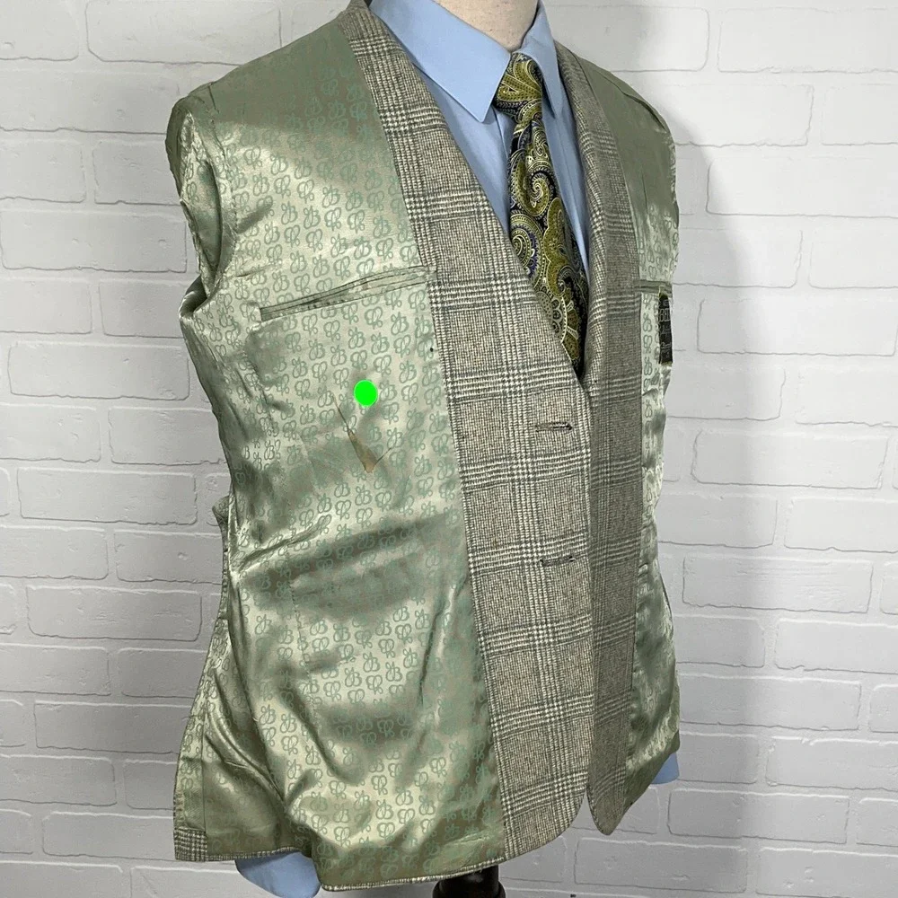 Geoffrey Beene Blazer Men 40 Green‎ Windowpane Plaid Two Button Tweed Wool VTG